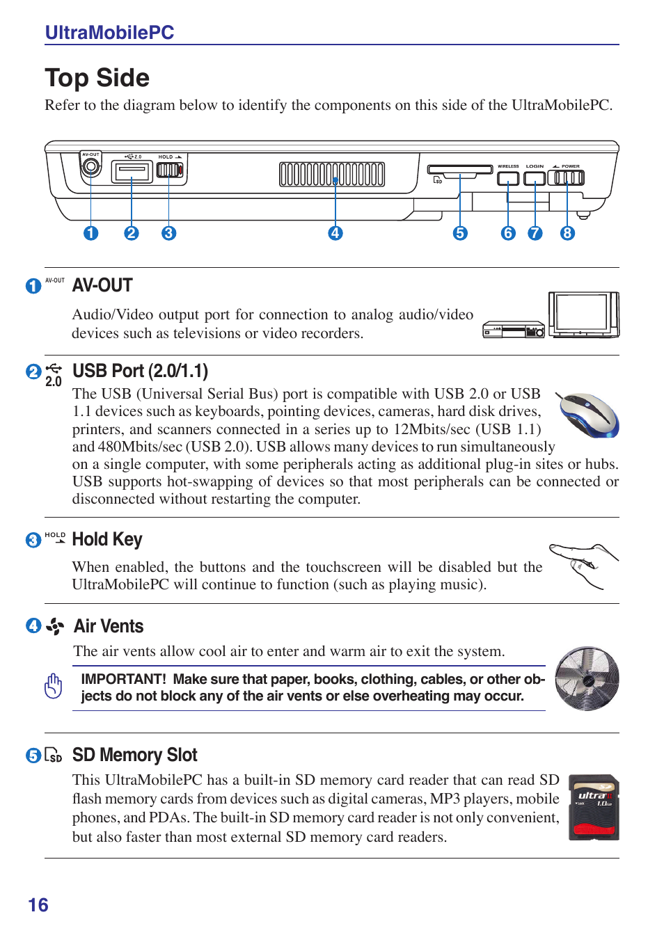 Top side, 1 ultramobilepc, Av-out | Hold key, Air vents, Usb port (2.0/1.1) | Asus R2E User Manual | Page 16 / 66