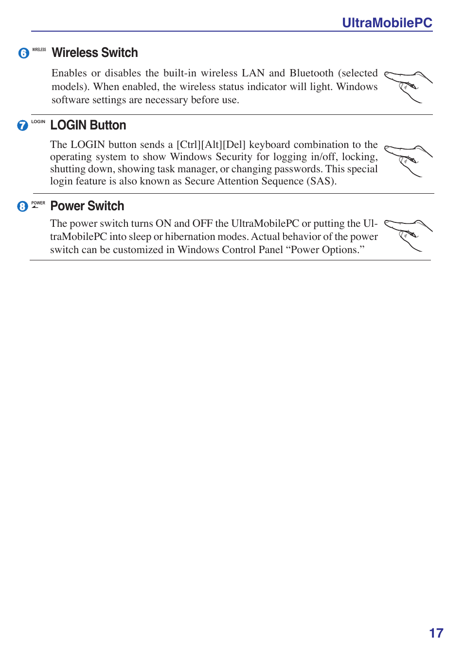 Ultramobilepc 17, Power switch, Login button | Wireless switch | Asus R2E User Manual | Page 17 / 66