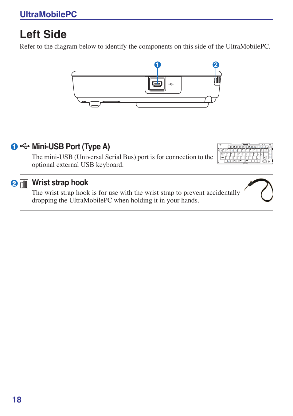 Left side, 1 ultramobilepc, Mini-usb port (type a) | Wrist strap hook | Asus R2E User Manual | Page 18 / 66