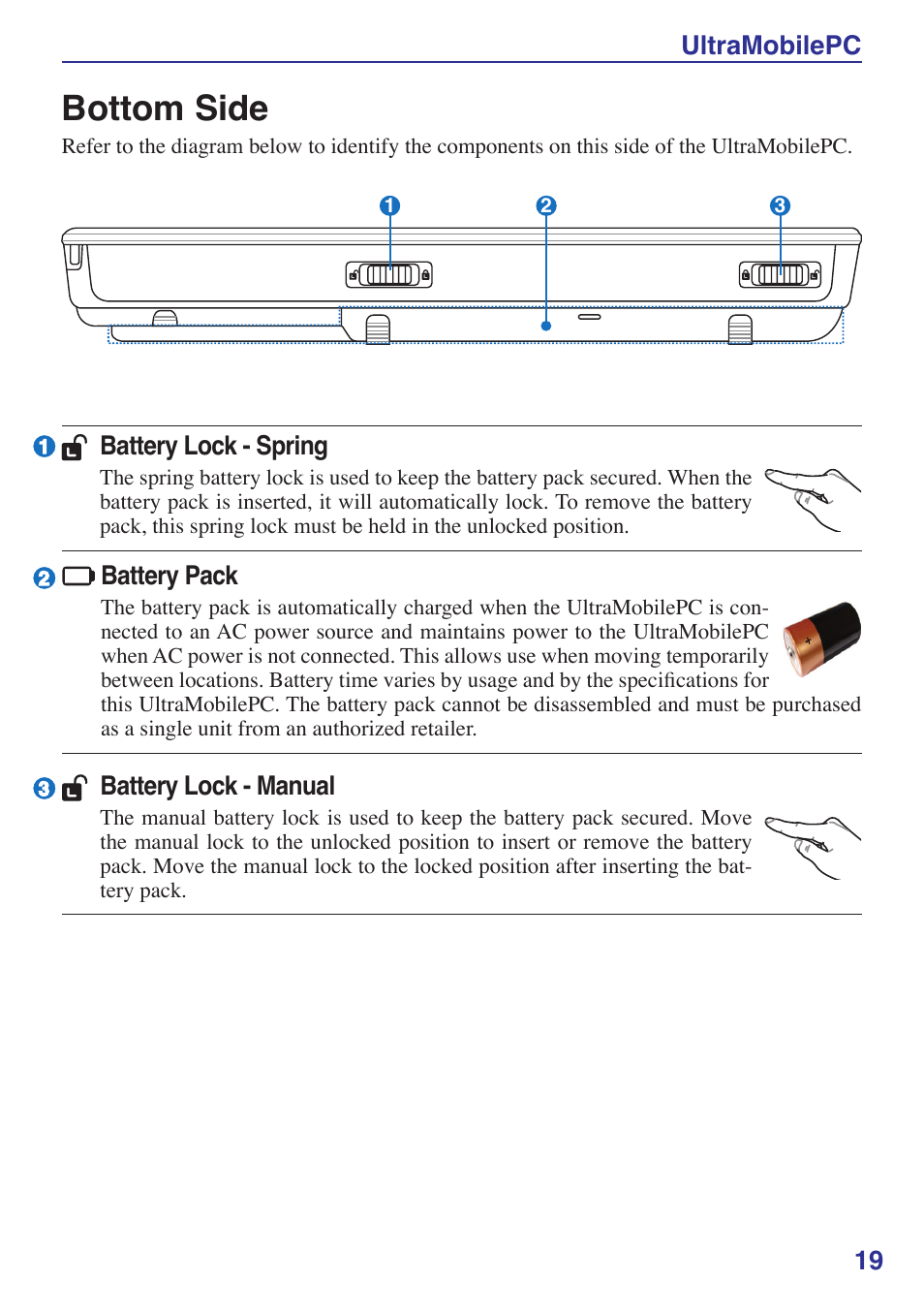 Bottom side, Ultramobilepc 1, Battery lock - manual | Battery lock - spring, Battery pack | Asus R2E User Manual | Page 19 / 66