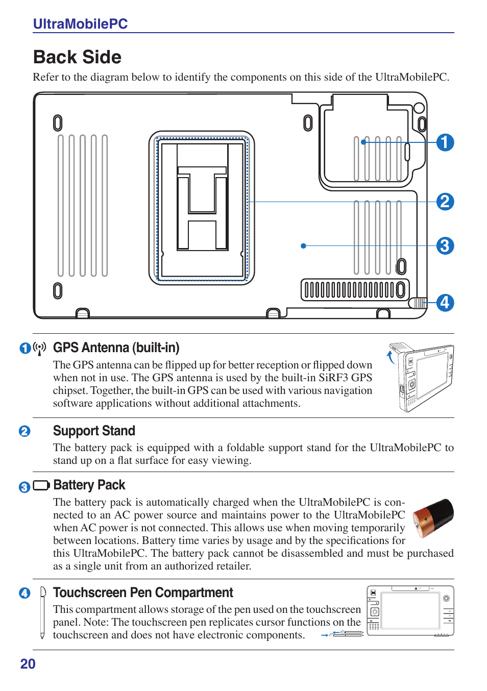 Back side, 20 ultramobilepc, Gps antenna (built-in) | Touchscreen pen compartment, Battery pack, Support stand | Asus R2E User Manual | Page 20 / 66