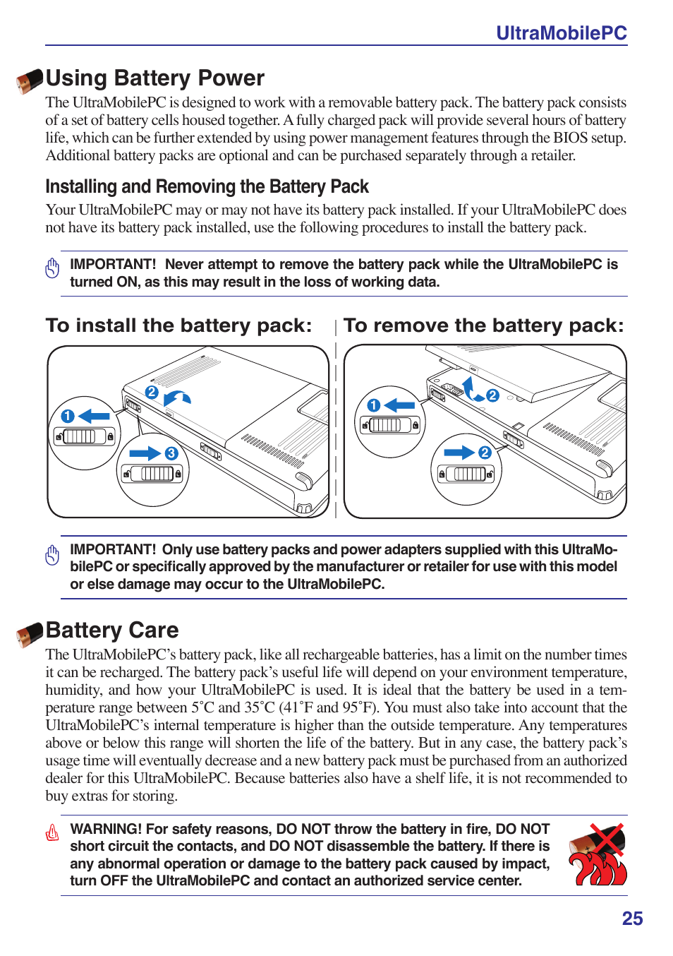 Using battery power, Battery care, Ultramobilepc 25 | Installing and removing the battery pack | Asus R2E User Manual | Page 25 / 66