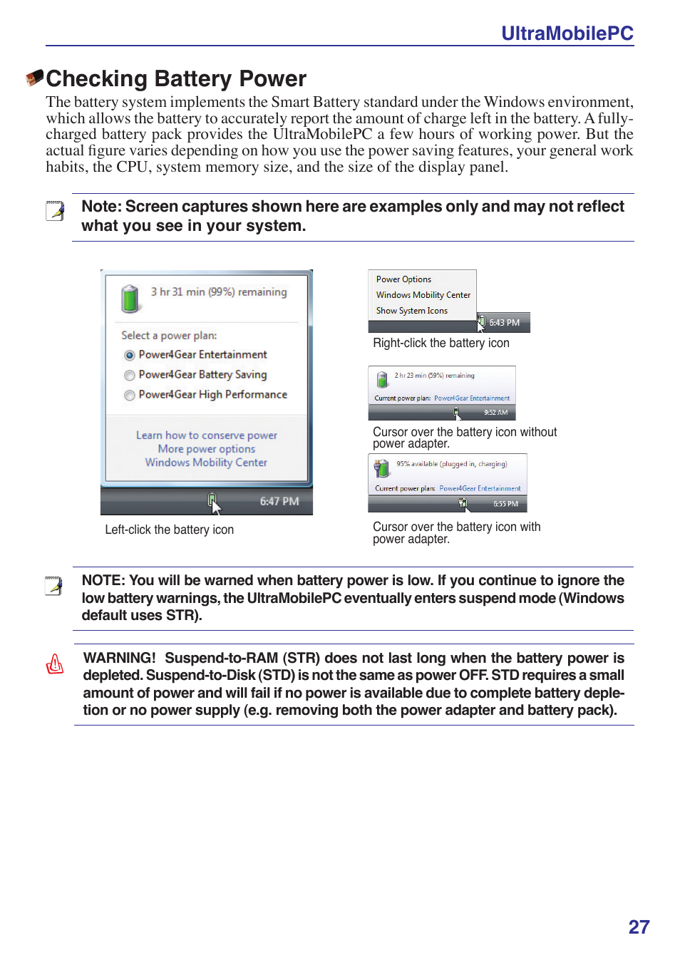 Checking battery power, Ultramobilepc 27 | Asus R2E User Manual | Page 27 / 66