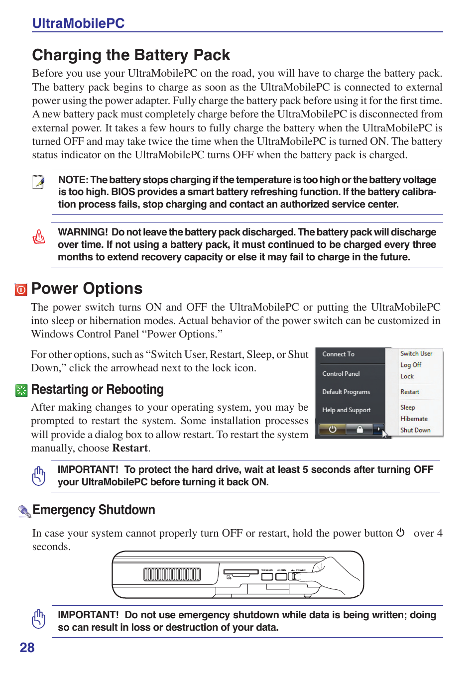 Charging the battery pack, Power options, 2 ultramobilepc | Restarting or rebooting, Emergency shutdown | Asus R2E User Manual | Page 28 / 66