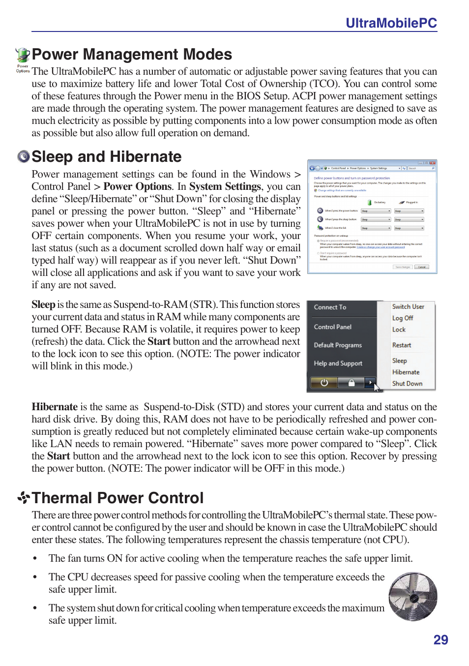 Power management modes, Sleep and hibernate, Thermal power control | Ultramobilepc 2 | Asus R2E User Manual | Page 29 / 66