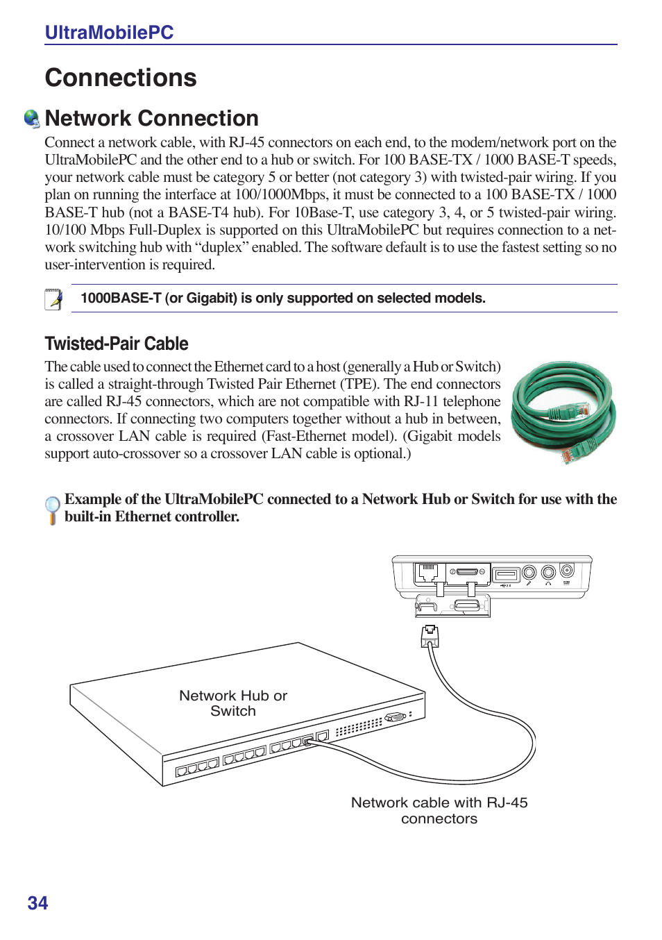 Connections, Network connection, 34 ultramobilepc | Twisted-pair cable | Asus R2E User Manual | Page 34 / 66