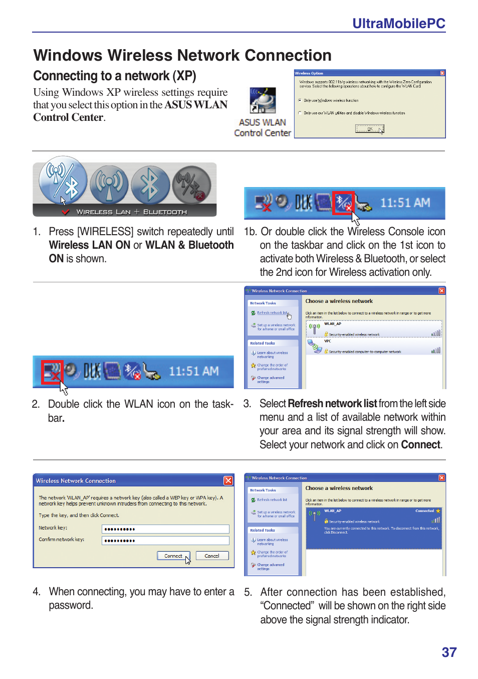 Windows wireless network connection, Ultramobilepc 37, Connecting to a network (xp) | Asus R2E User Manual | Page 37 / 66