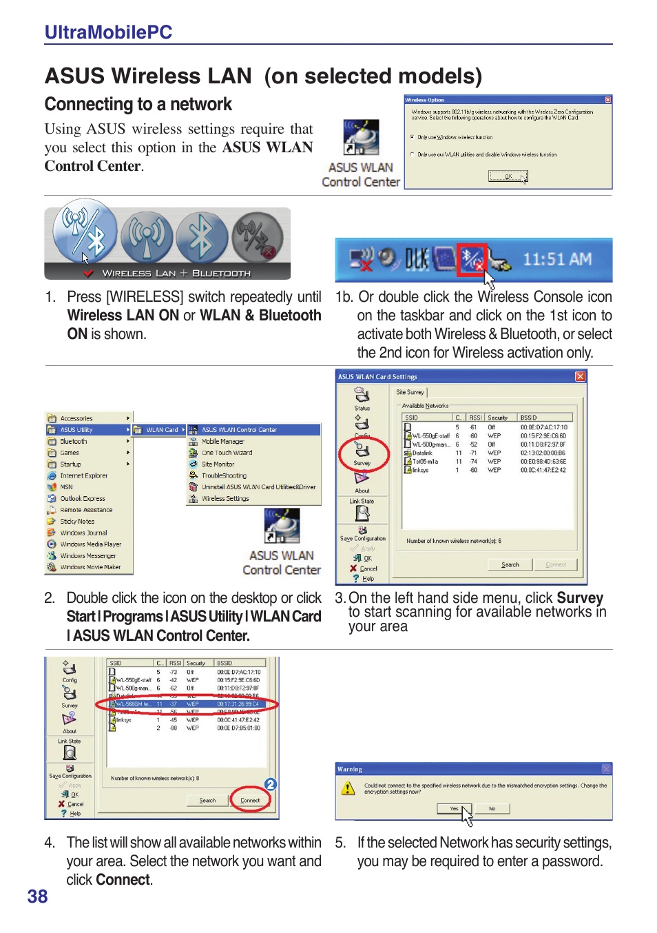 Asus wireless lan (on selected models), 3 ultramobilepc, Connecting to a network | Asus R2E User Manual | Page 38 / 66