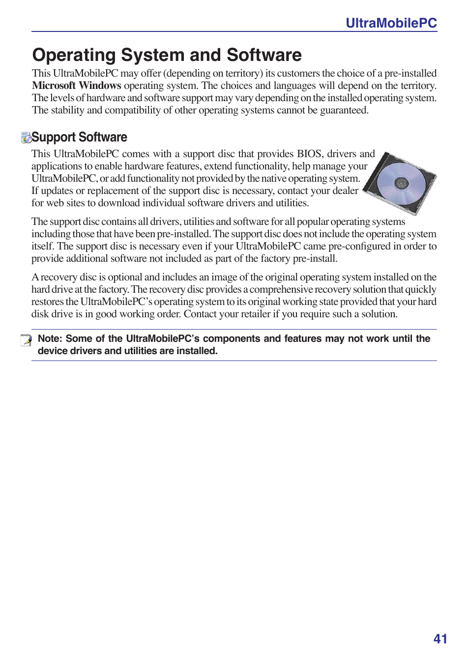 Operating system and software, Ultramobilepc 41 support software | Asus R2E User Manual | Page 41 / 66