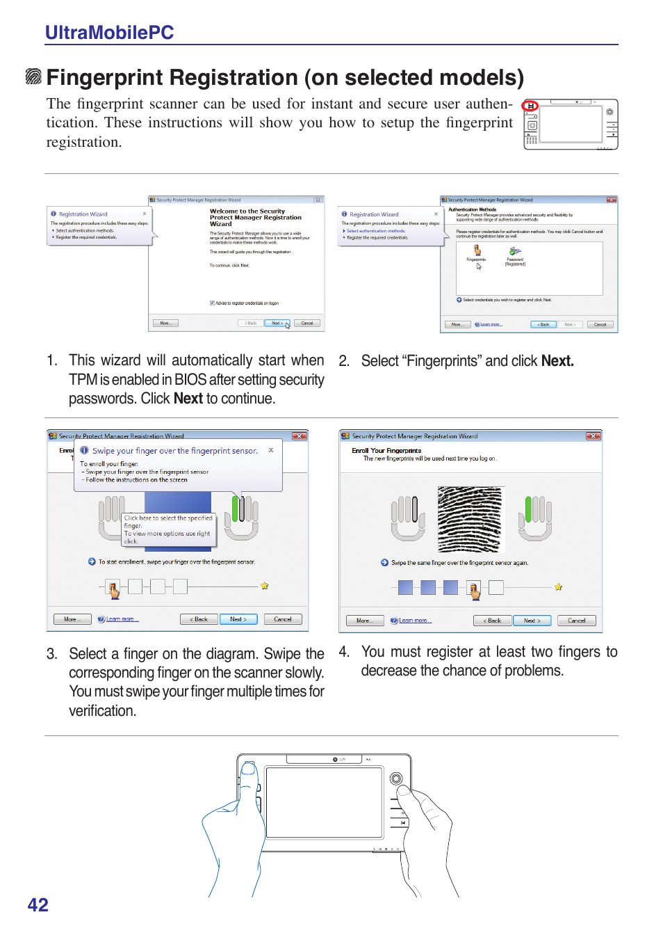 Fingerprint registration (on selected models), 42 ultramobilepc | Asus R2E User Manual | Page 42 / 66