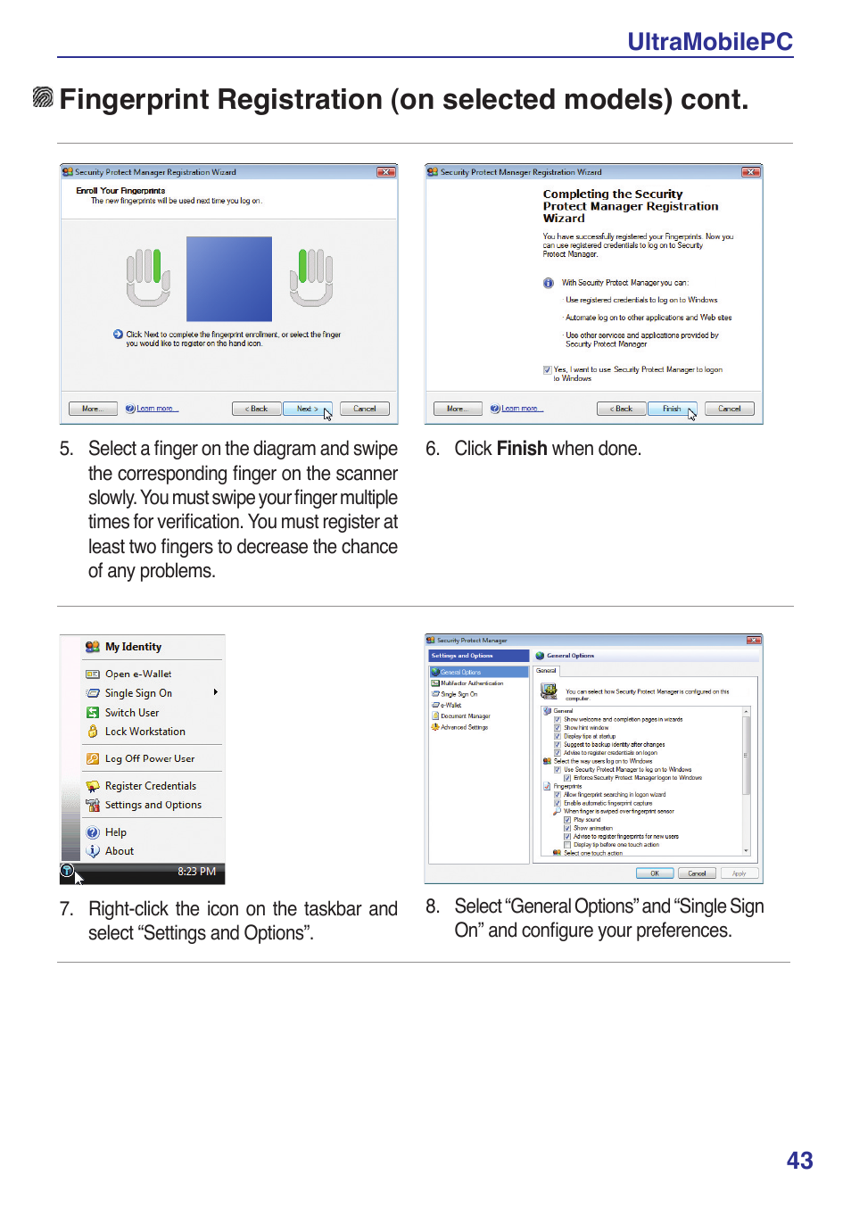 Fingerprint registration (on selected models) cont, Ultramobilepc 43 | Asus R2E User Manual | Page 43 / 66