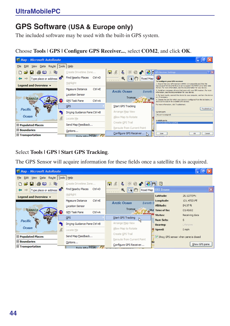 Gps software (usa & europe only), Gps software | Asus R2E User Manual | Page 44 / 66