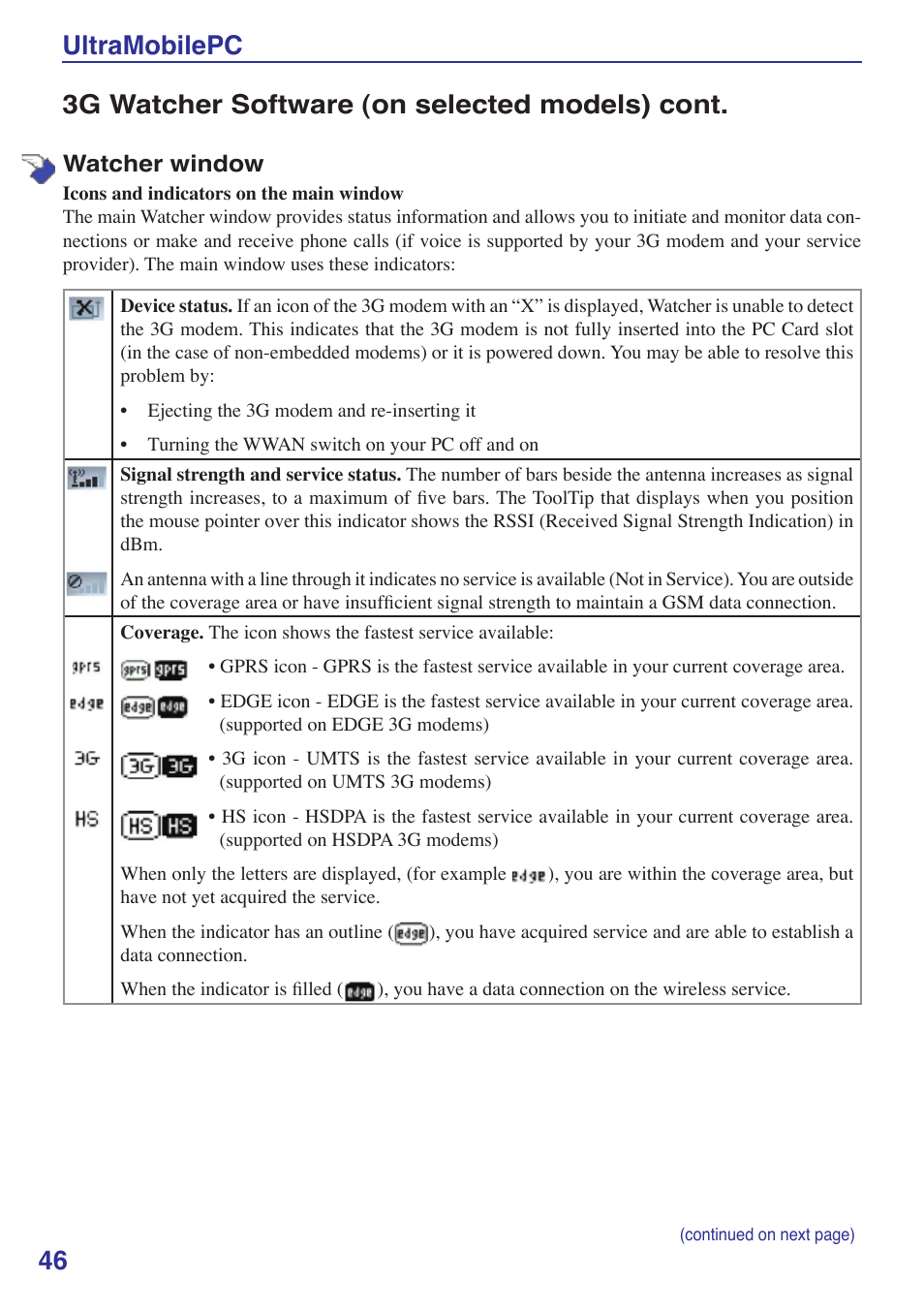4 ultramobilepc, 3g watcher software (on selected models) cont | Asus R2E User Manual | Page 46 / 66