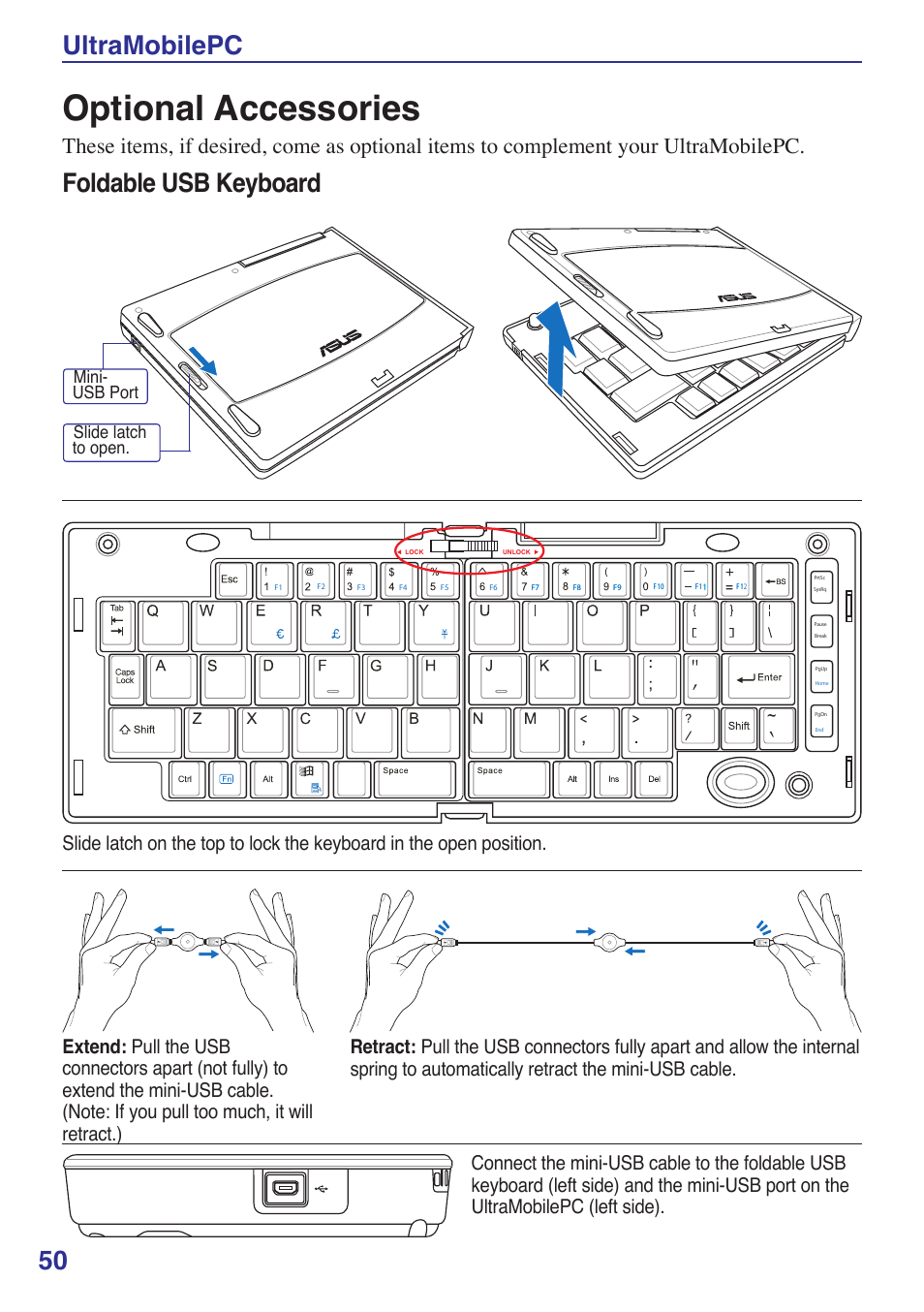 Optional accessories, 50 ultramobilepc, Foldable usb keyboard | Slide latch to open� mini- usb port | Asus R2E User Manual | Page 50 / 66