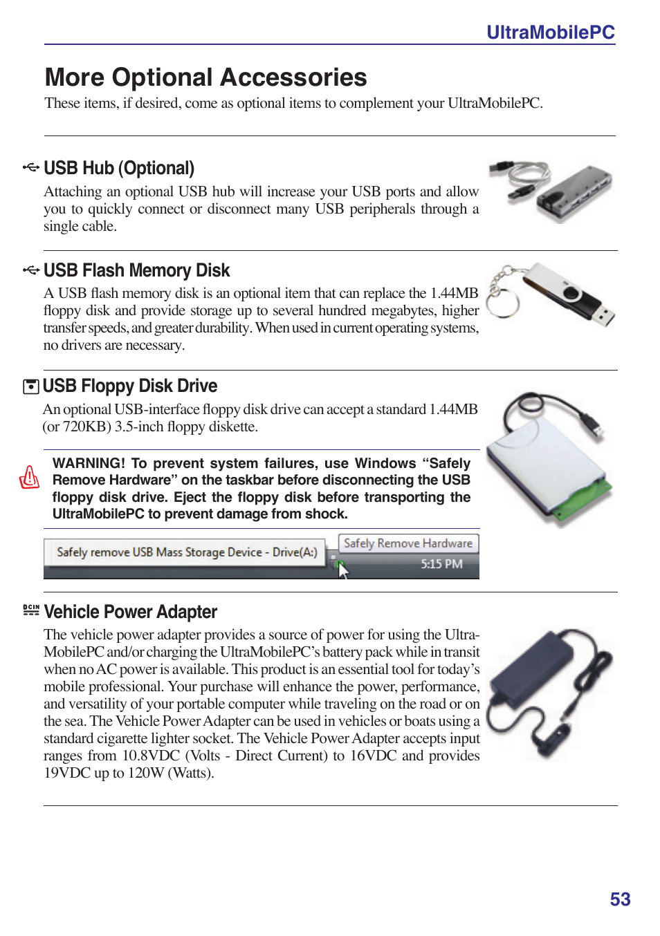 More optional accessories, Ultramobilepc 53, Usb floppy disk drive | Vehicle power adapter, Usb hub (optional) | Asus R2E User Manual | Page 53 / 66