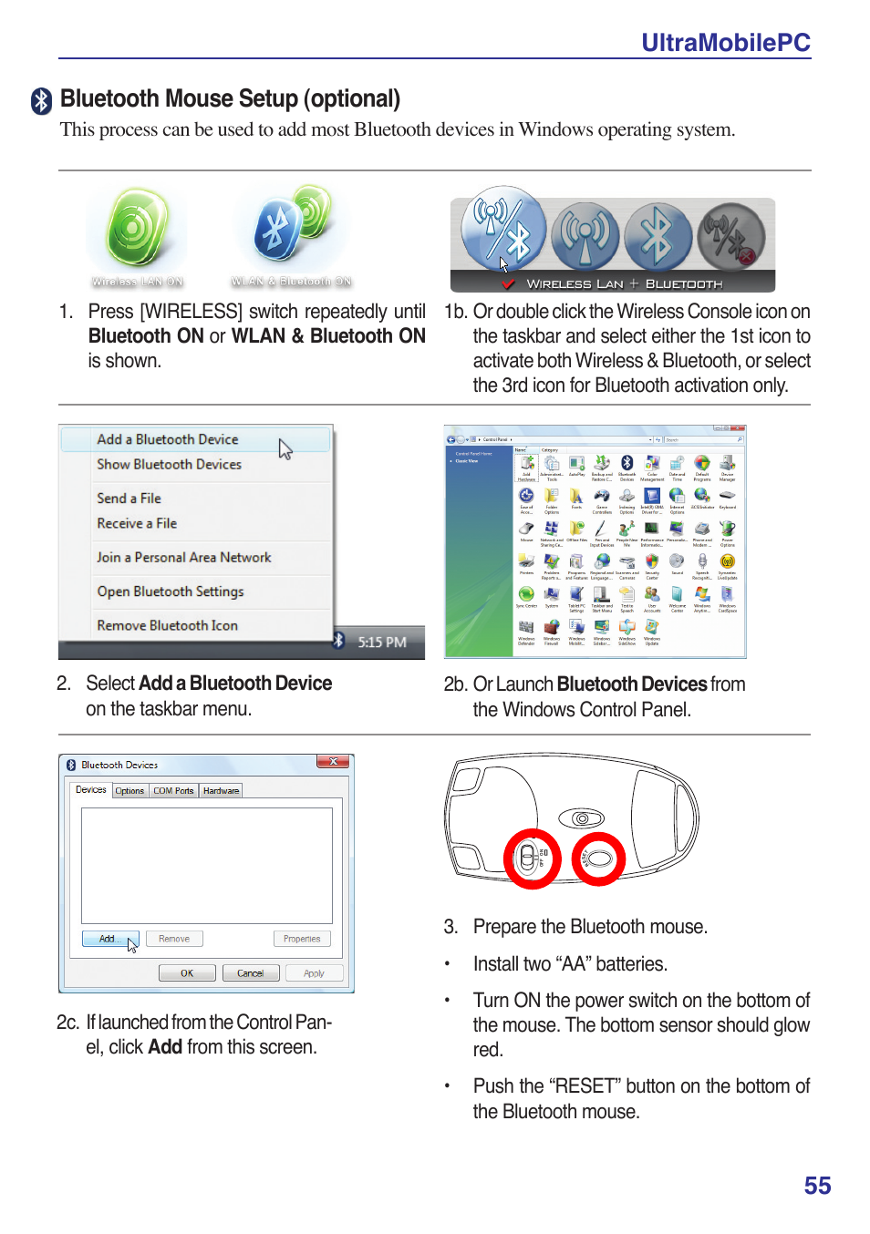 Ultramobilepc 55, Bluetooth mouse setup (optional) | Asus R2E User Manual | Page 55 / 66