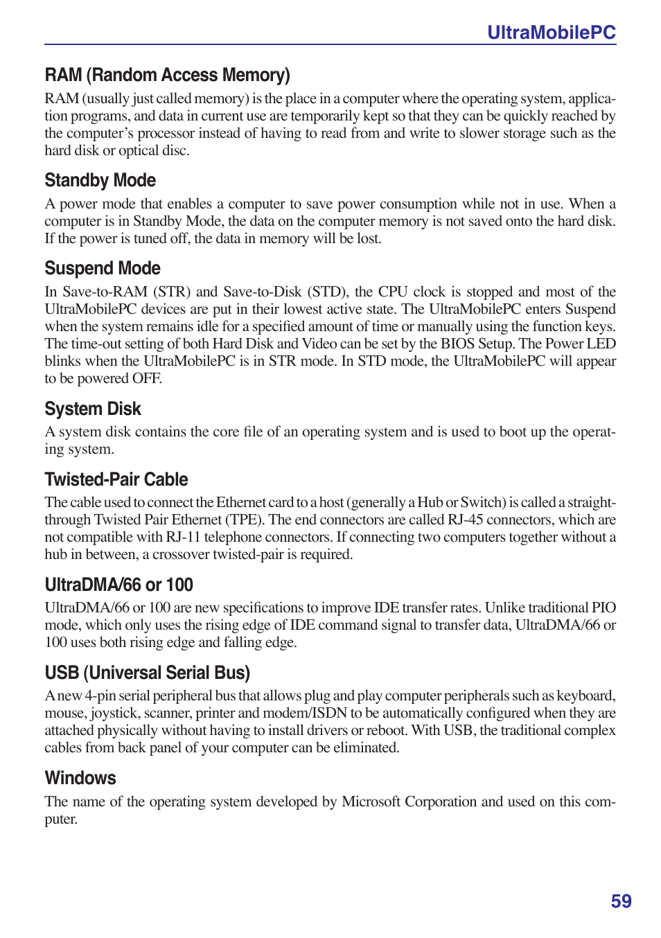 Standby mode, Suspend mode, System disk | Twisted-pair cable, Ultradma/ or 100, Usb (universal serial bus), Windows | Asus R2E User Manual | Page 59 / 66