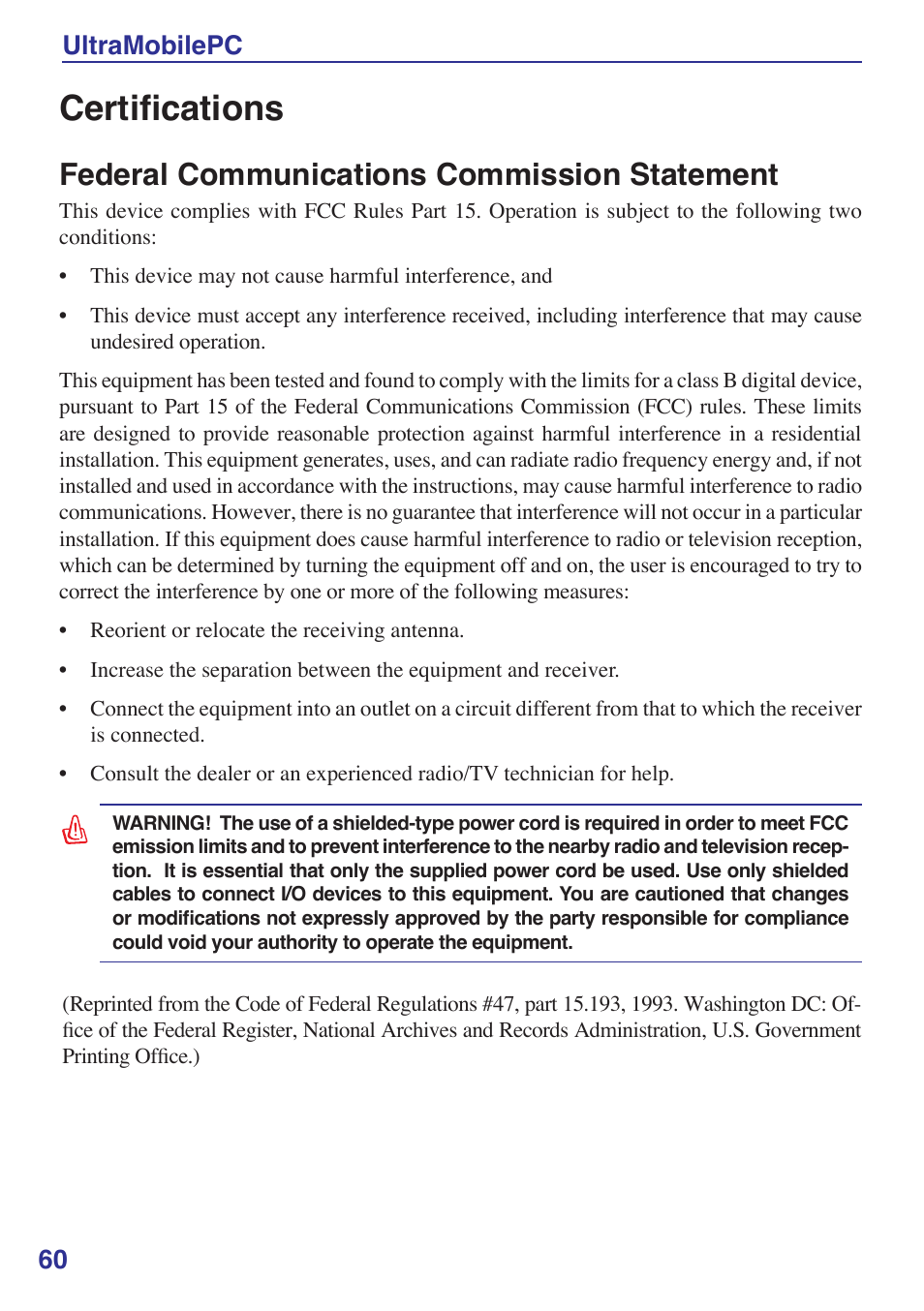 Certifications, Federal communications commission statement, 0 ultramobilepc | Asus R2E User Manual | Page 60 / 66