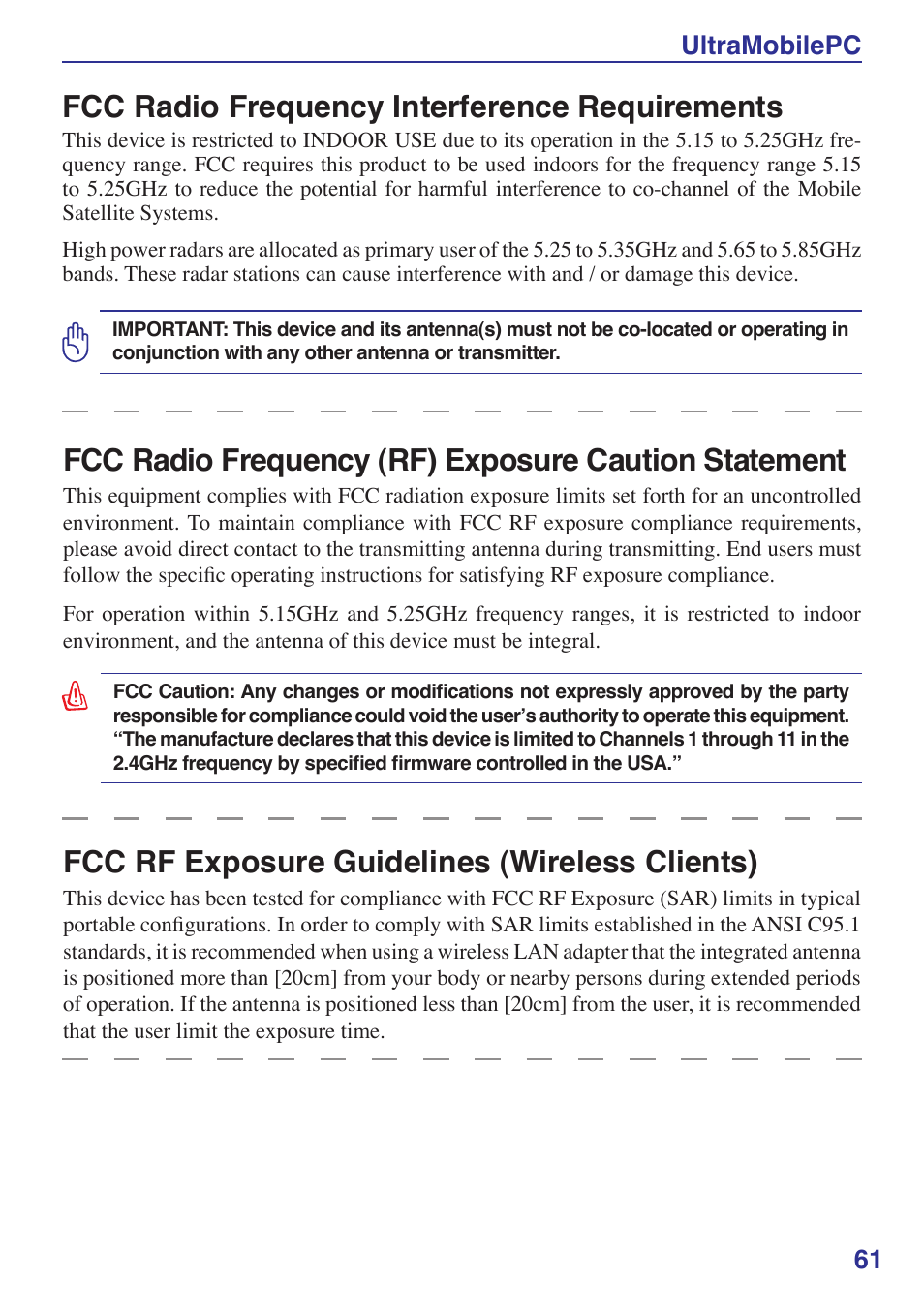 Fcc radio frequency interference requirements, Fcc rf exposure guidelines (wireless clients), Ultramobilepc 1 | Asus R2E User Manual | Page 61 / 66