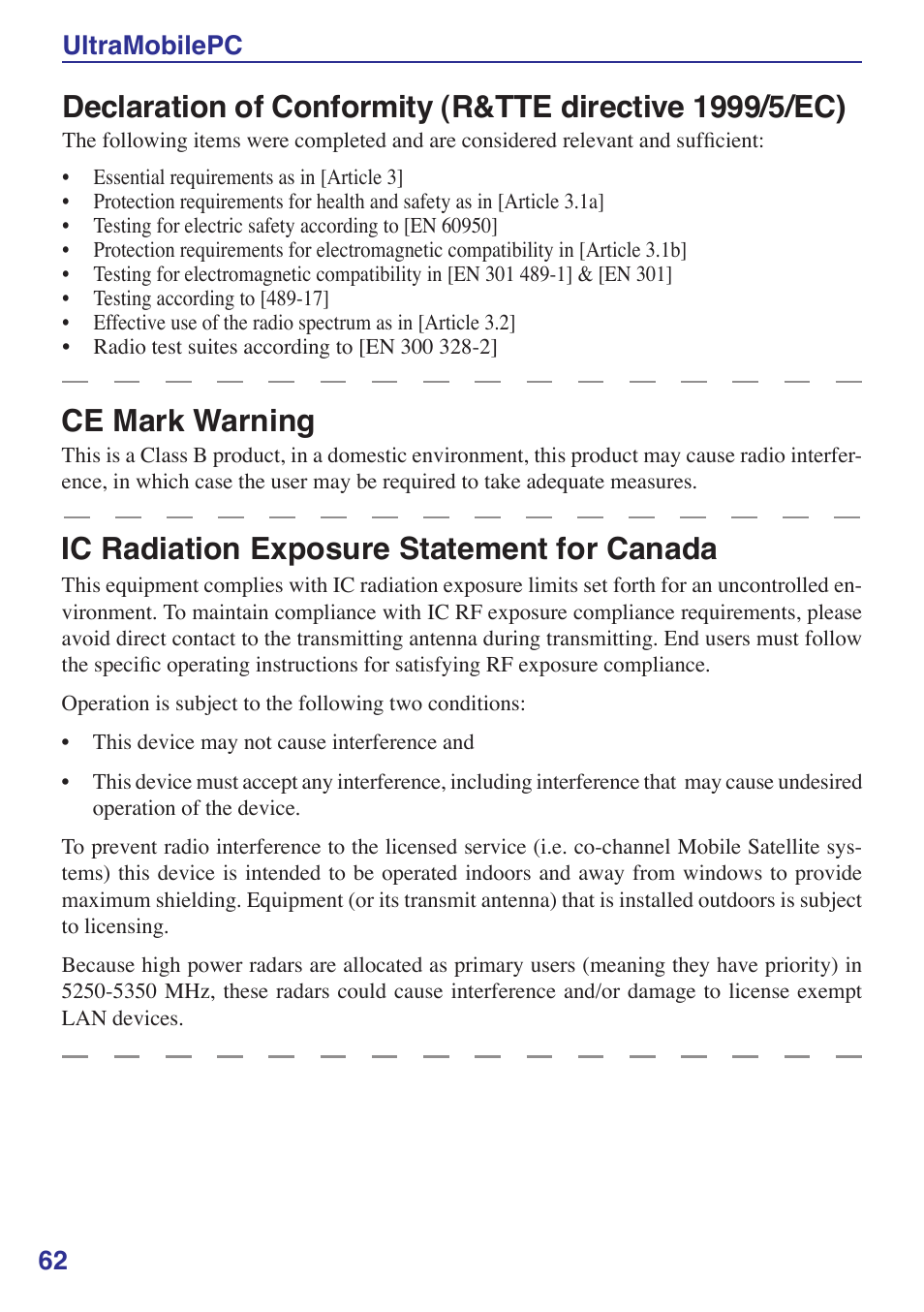 Ce mark warning, Ic radiation exposure statement for canada, 2 ultramobilepc | Asus R2E User Manual | Page 62 / 66