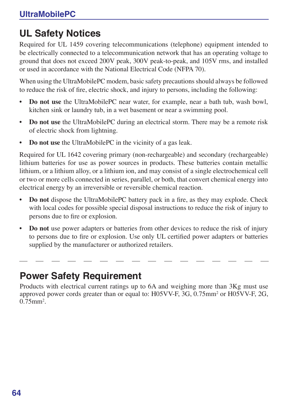 Ul safety notices, Power safety requirement, 4 ultramobilepc | Asus R2E User Manual | Page 64 / 66