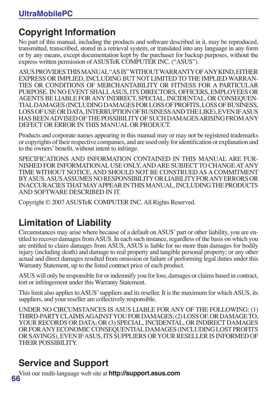 Copyright information, Limitation of liability, Service and support | Ultramobilepc | Asus R2E User Manual | Page 66 / 66