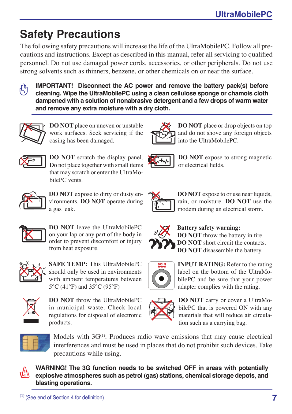 Safety precautions, Ultramobilepc 7 | Asus R2E User Manual | Page 7 / 66