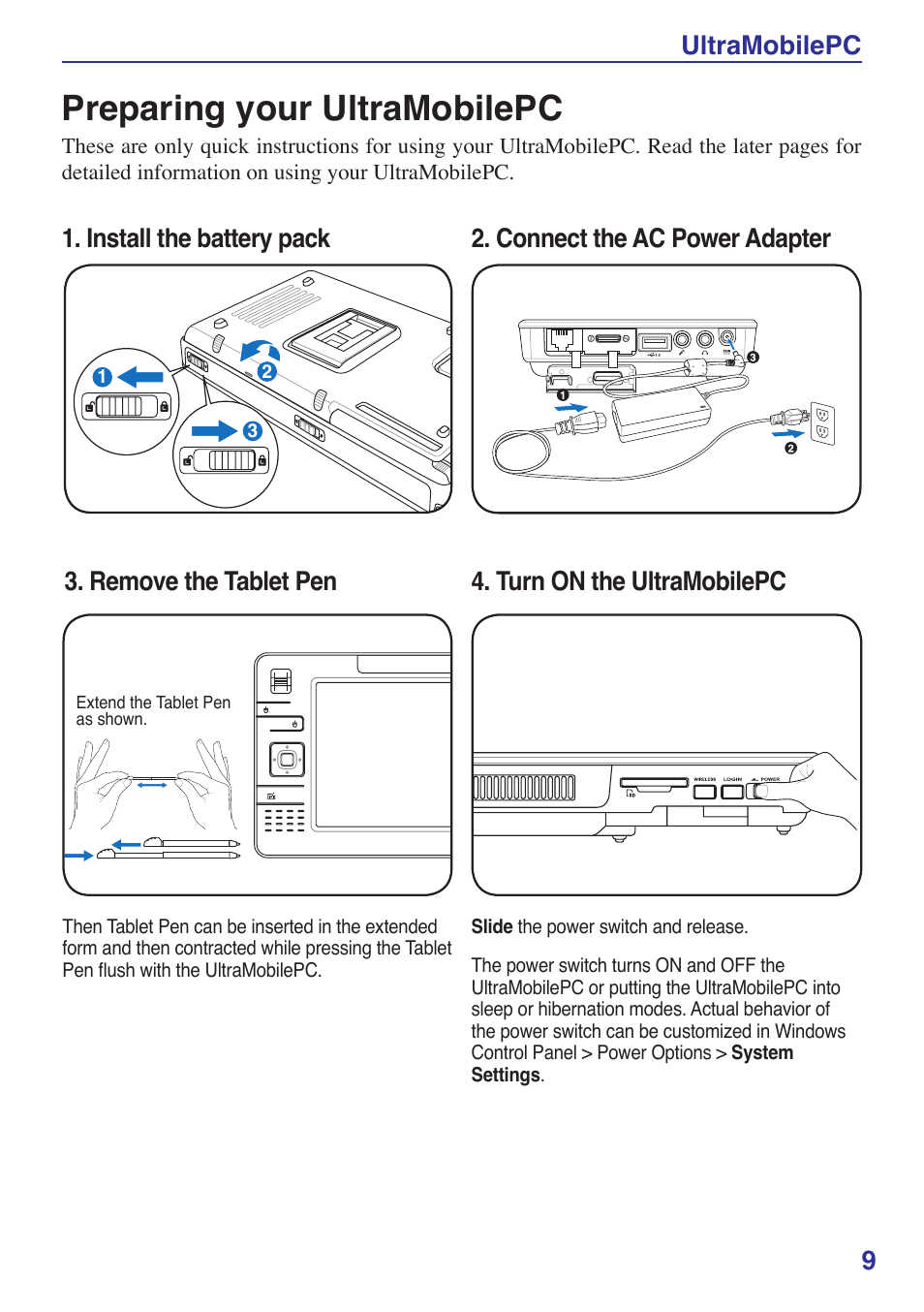 Preparing your ultramobilepc, Ultramobilepc | Asus R2E User Manual | Page 9 / 66