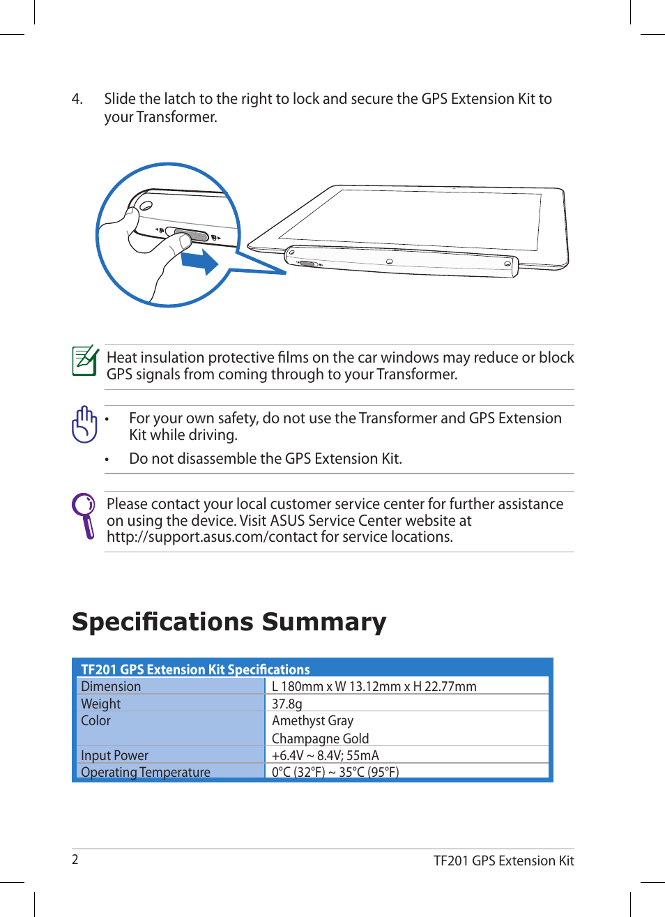 Specifications summary | Asus Eee Pad Transformer Prime TF201 User Manual | Page 2 / 8