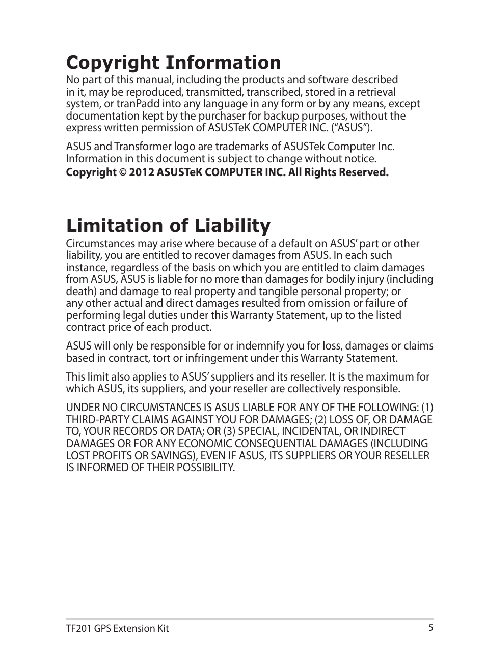 Copyright information, Limitation of liability | Asus Eee Pad Transformer Prime TF201 User Manual | Page 5 / 8