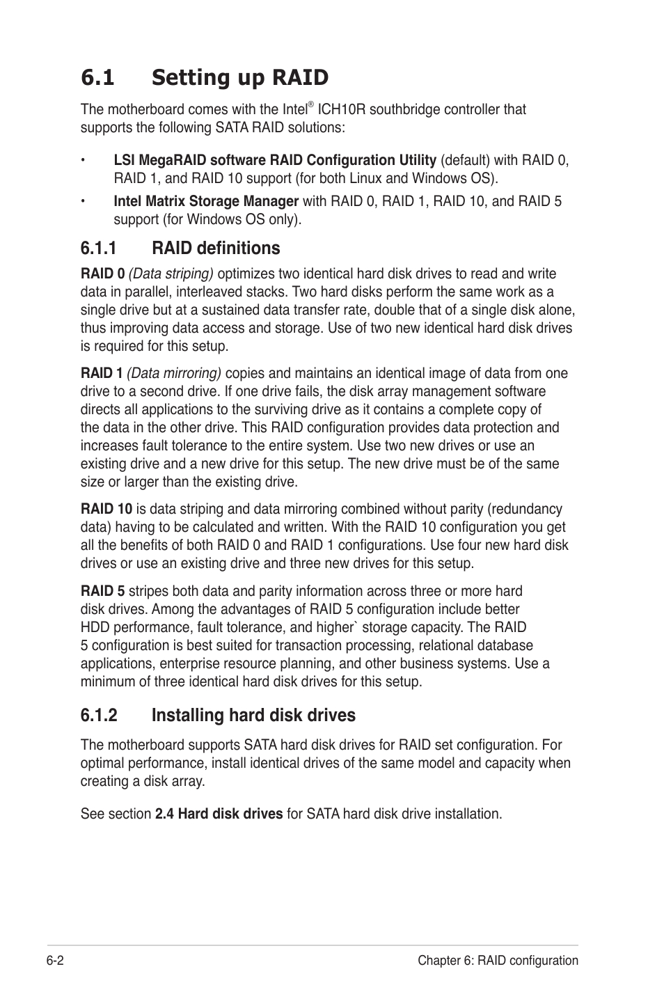 1 setting up raid, 1 raid definitions, 2 installing hard disk drives | Setting up raid -2 6.1.1, Raid definitions -2, Installing hard disk drives -2 | Asus RS720-E6/RS12 User Manual | Page 100 / 156