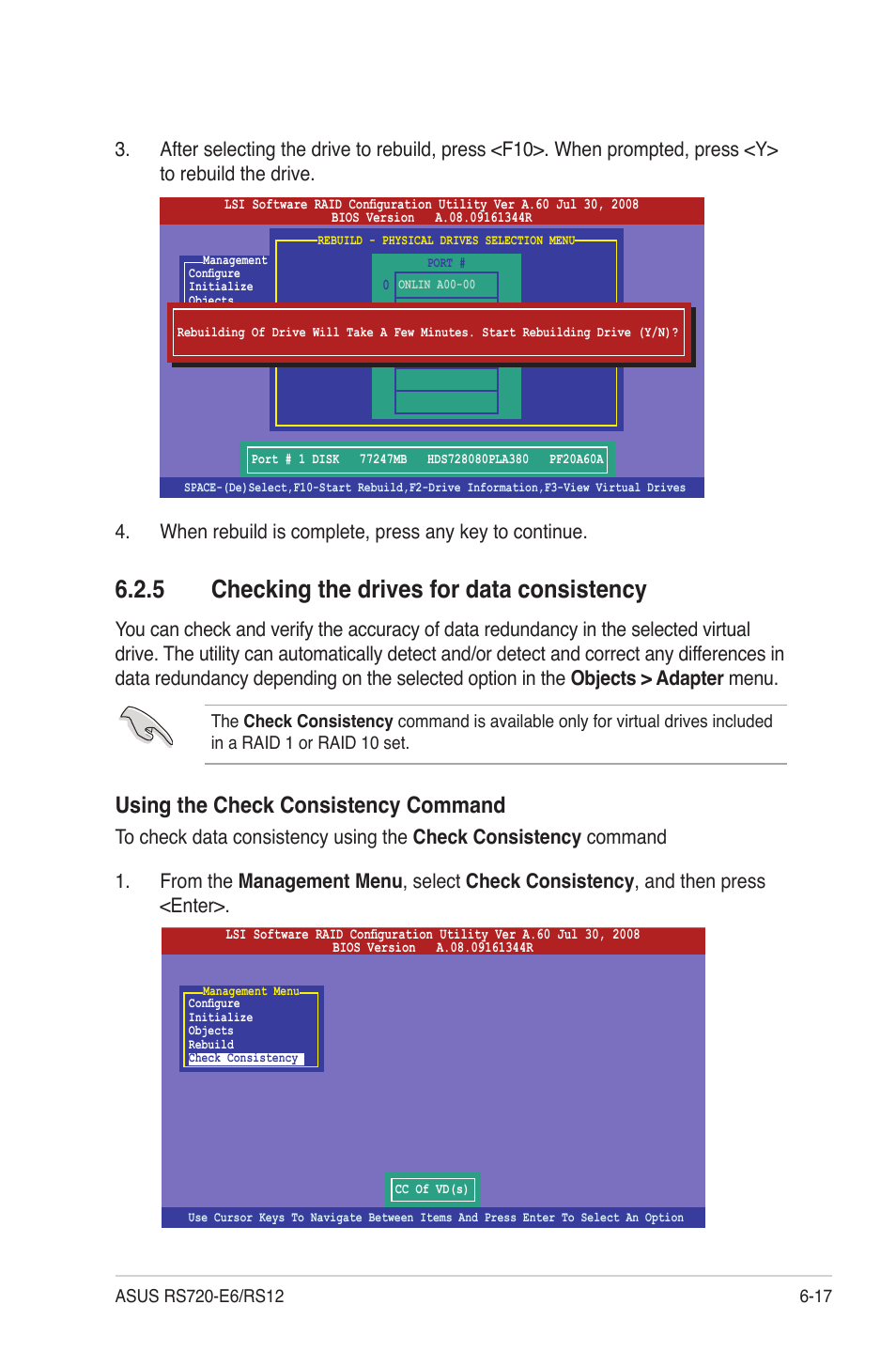 5 checking the drives for data consistency, Checking the drives for data consistency -17, Using the check consistency command | Asus RS720-E6/RS12 User Manual | Page 115 / 156