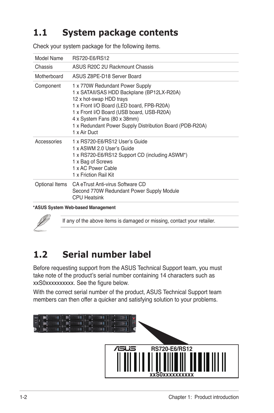 1 system package contents, 2 serial number label, System package contents -2 | Serial number label -2 | Asus RS720-E6/RS12 User Manual | Page 12 / 156