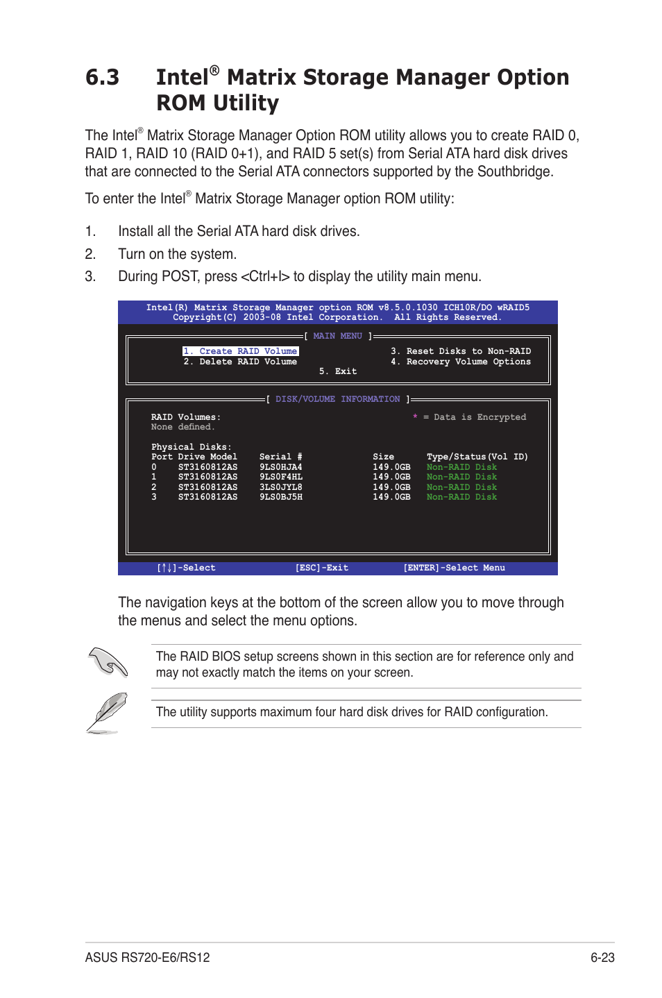 Intel, Matrix storage manager option rom utility -23, 3 intel | Matrix storage manager option rom utility, The intel | Asus RS720-E6/RS12 User Manual | Page 121 / 156