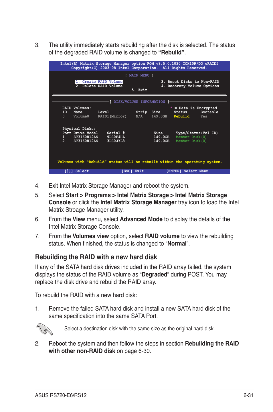 Rebuilding the raid with a new hard disk | Asus RS720-E6/RS12 User Manual | Page 129 / 156