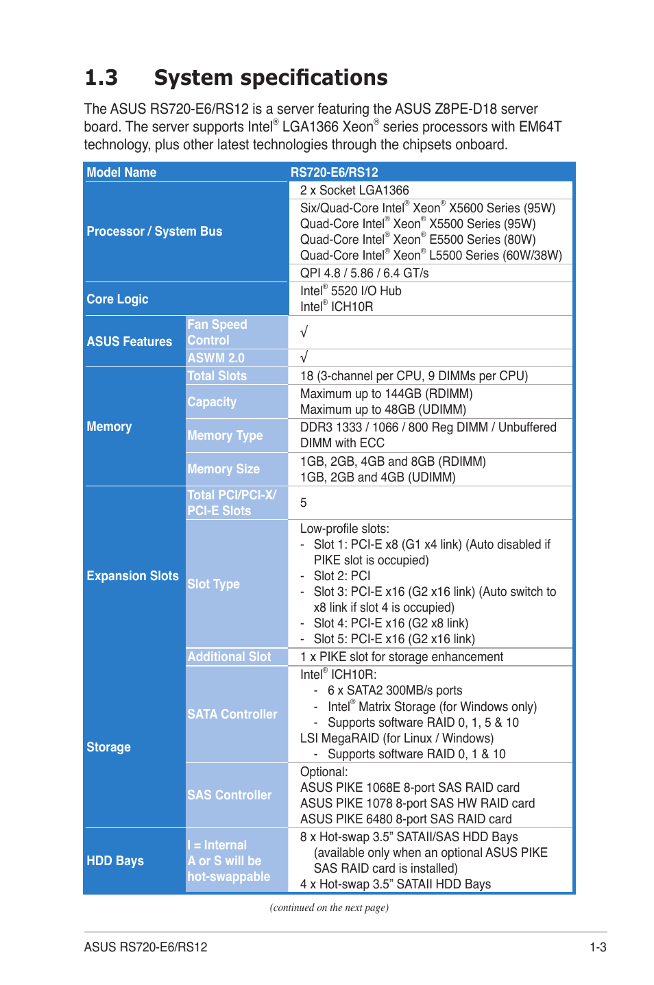 3 system specifications, System specifications -3 | Asus RS720-E6/RS12 User Manual | Page 13 / 156