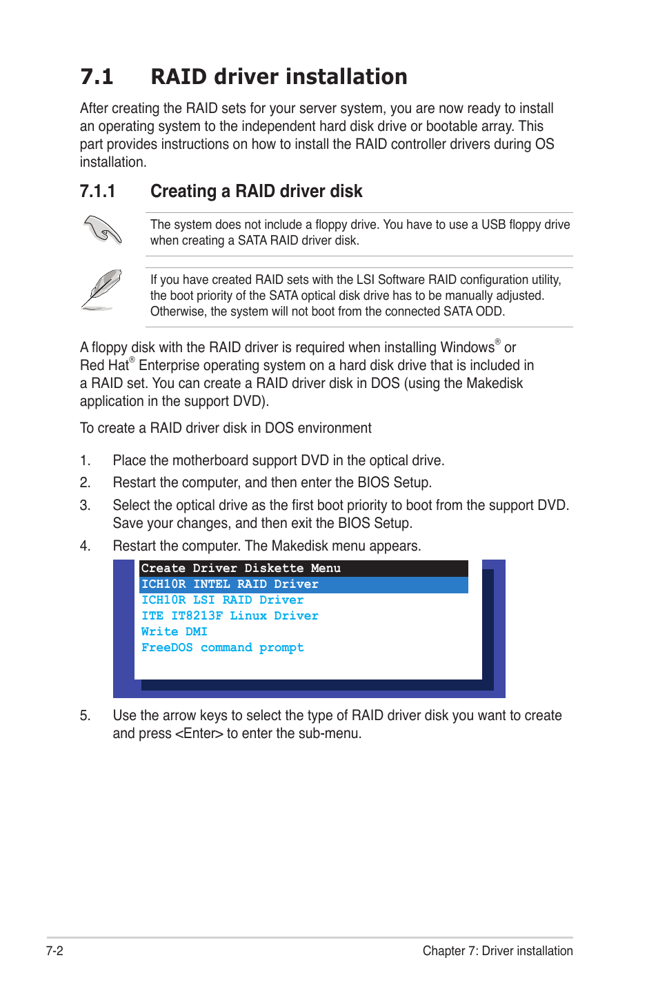 1 raid driver installation, 1 creating a raid driver disk, Raid driver installation -2 7.1.1 | Creating a raid driver disk -2 | Asus RS720-E6/RS12 User Manual | Page 132 / 156