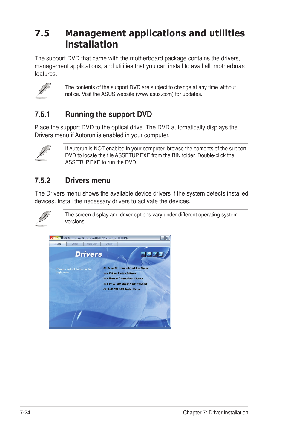 1 running the support dvd, 2 drivers menu, Running the support dvd -24 | Drivers menu -24 | Asus RS720-E6/RS12 User Manual | Page 154 / 156