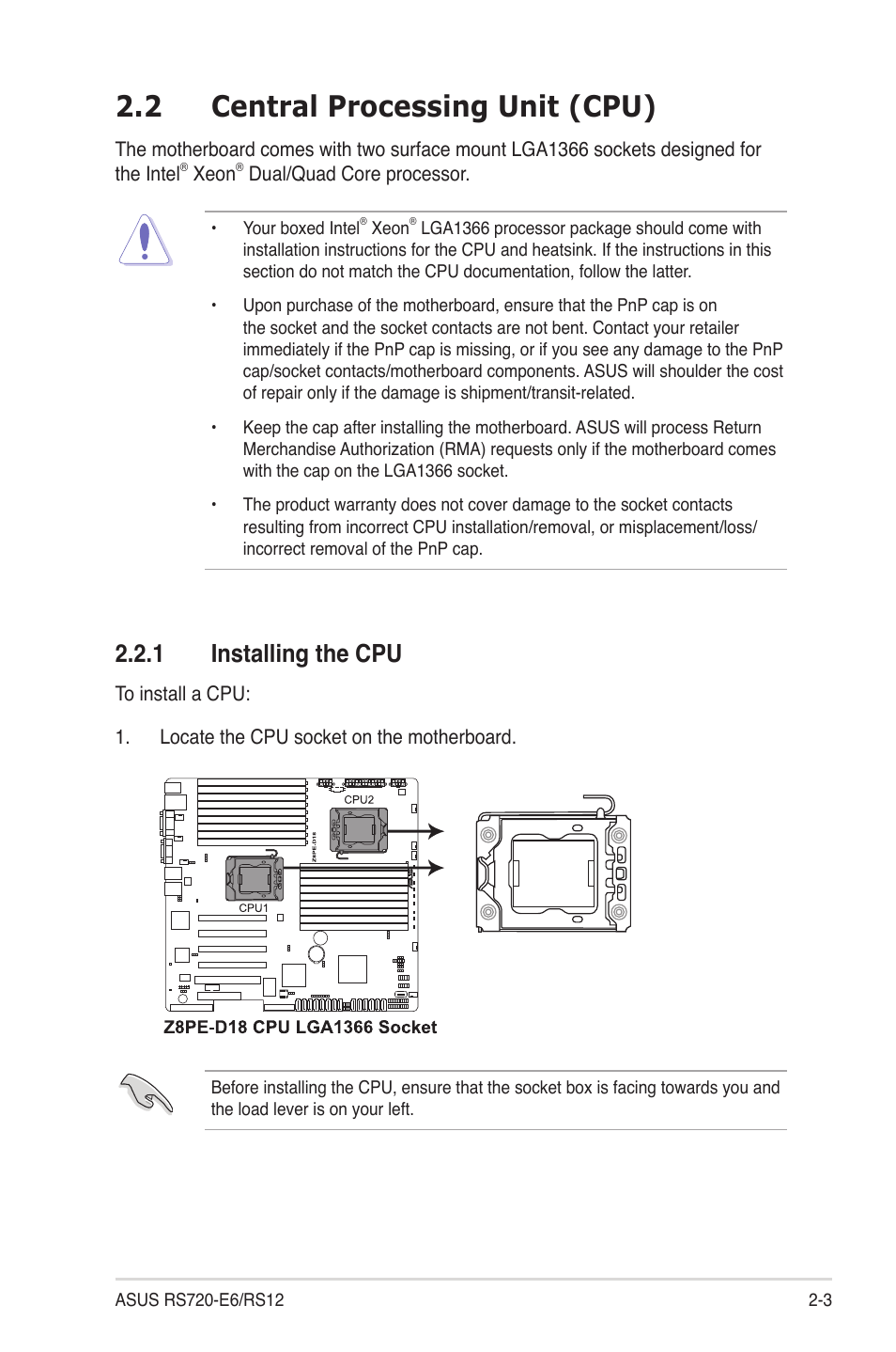 2 central processing unit (cpu), 1 installing the cpu, Central processing unit (cpu) -3 2.2.1 | Installing the cpu -3 | Asus RS720-E6/RS12 User Manual | Page 21 / 156