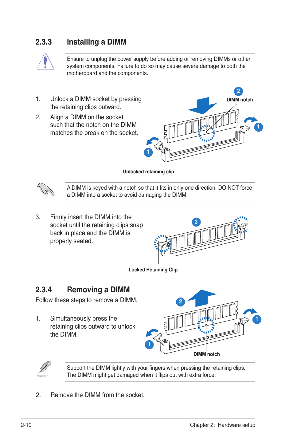 3 installing a dimm, 4 removing a dimm, Installing a dimm -10 | Removing a dimm -10, 3 installing a dimm 2.3.4 removing a dimm | Asus RS720-E6/RS12 User Manual | Page 28 / 156