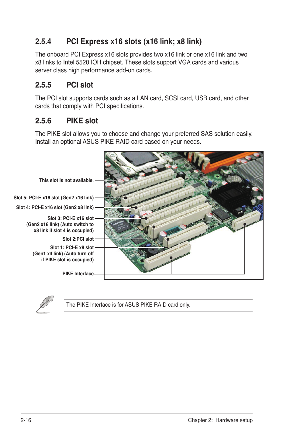 4 pci express x16 slots (x16 link; x8 link), 5 pci slot, 6 pike slot | Pci express x16 slots (x16 link; x8 link) -16, Pci slot -16, Pike slot -16 | Asus RS720-E6/RS12 User Manual | Page 34 / 156