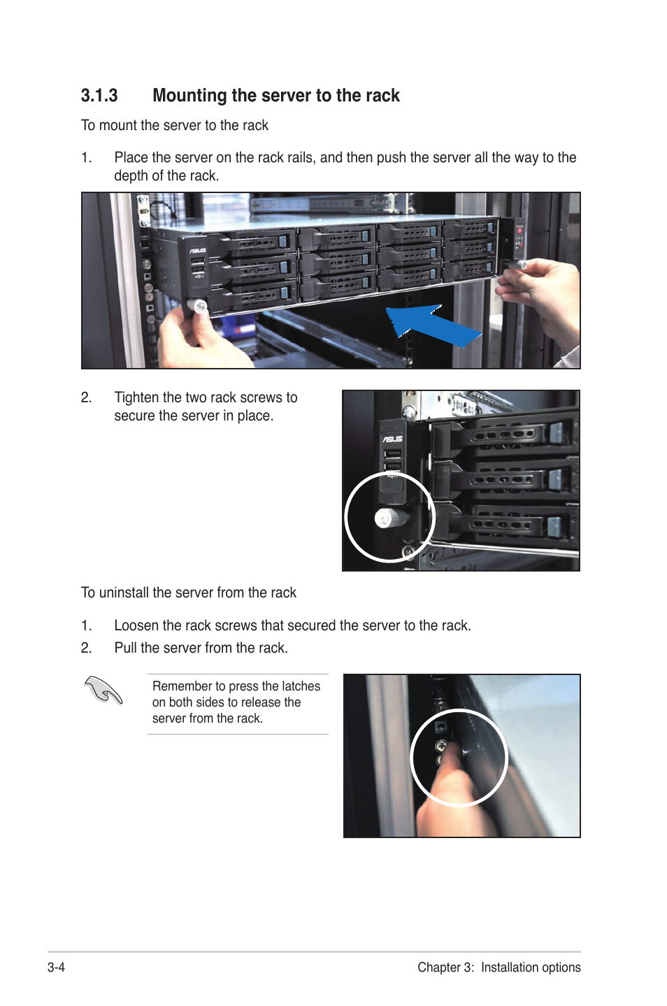 3 mounting the server to the rack, Mounting the server to the rack -4 | Asus RS720-E6/RS12 User Manual | Page 46 / 156
