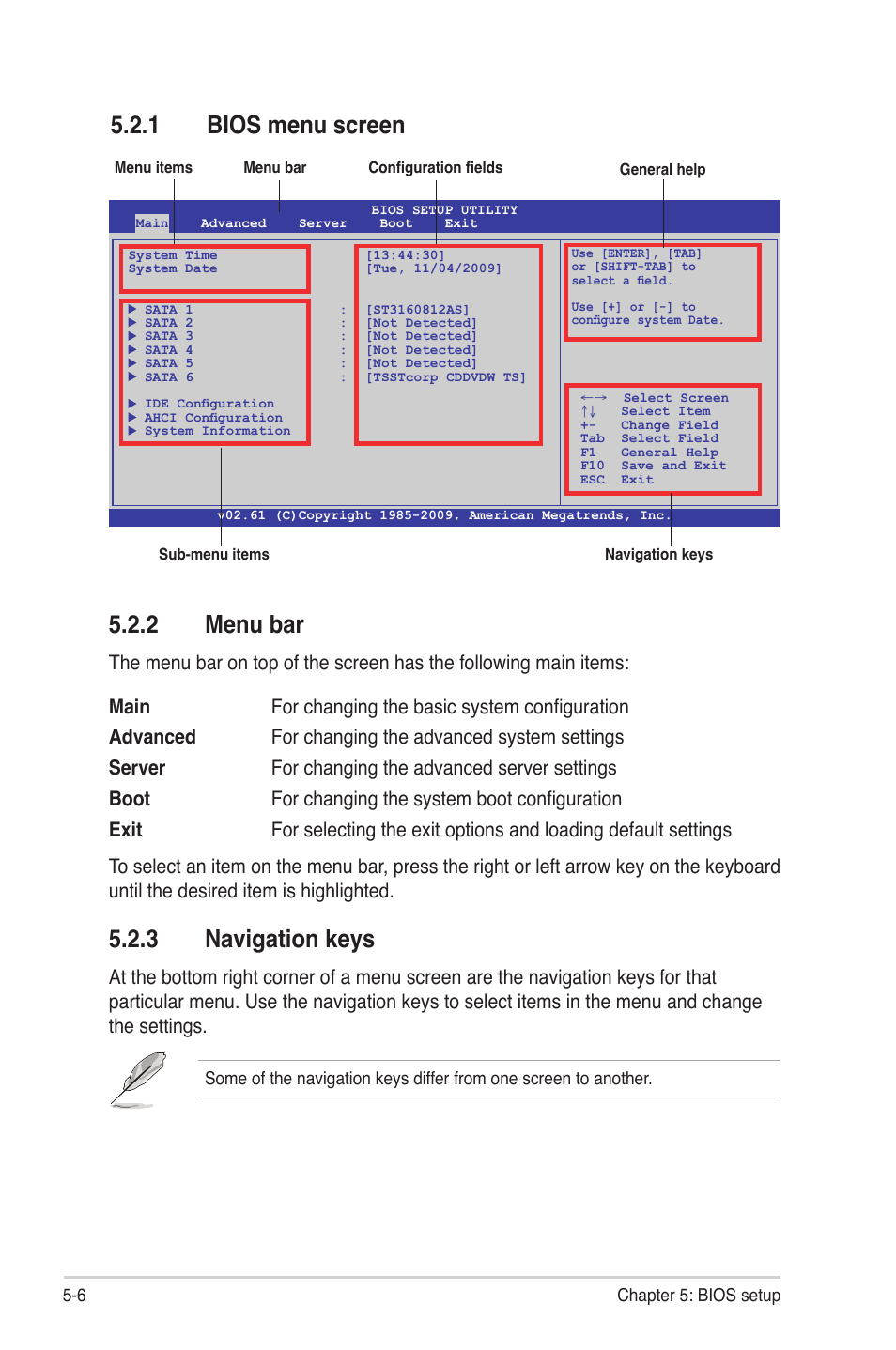 1 bios menu screen, 2 menu bar, 3 navigation keys | Bios menu screen -6, Menu bar -6, Navigation keys -6 | Asus RS720-E6/RS12 User Manual | Page 70 / 156