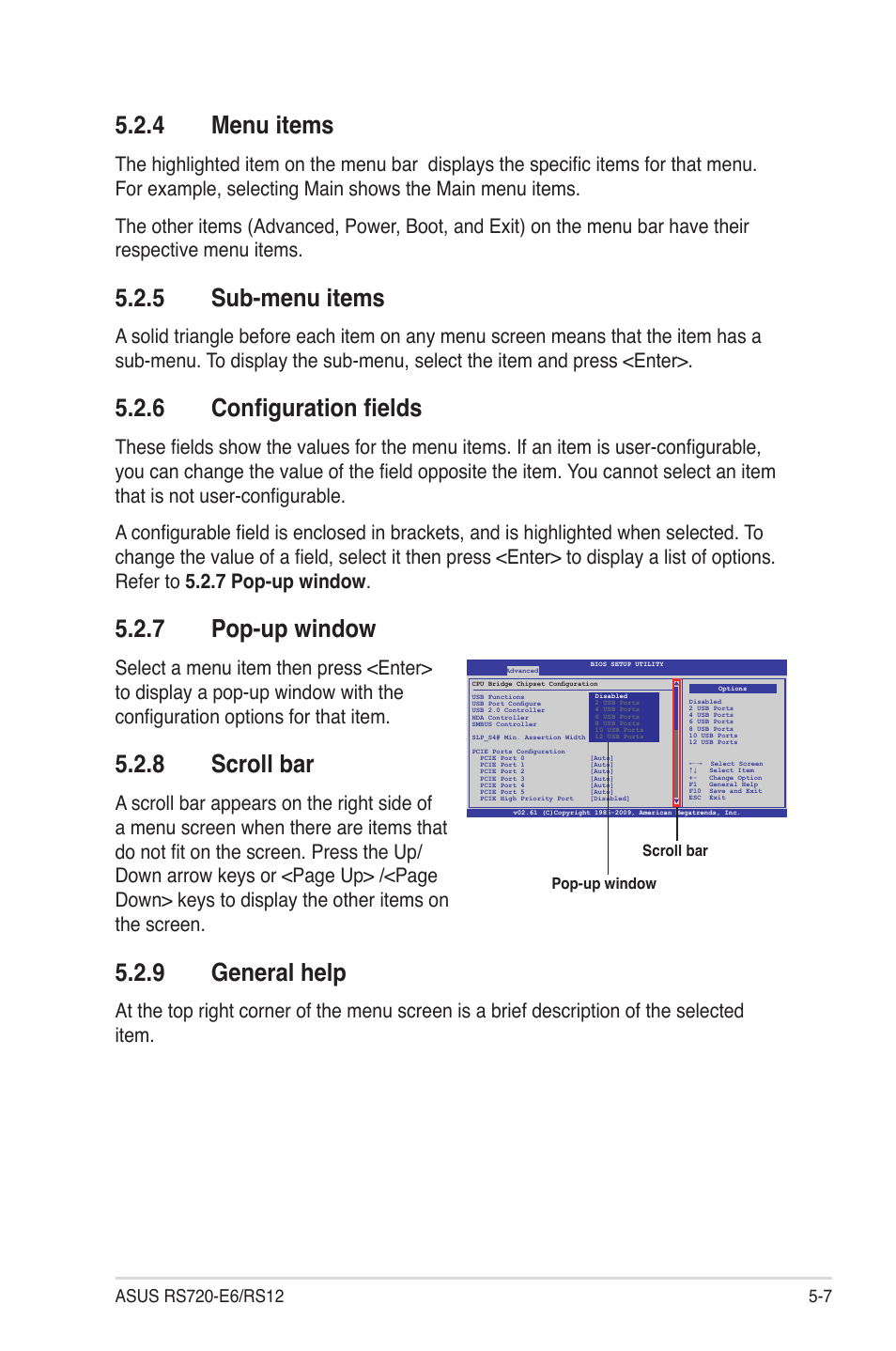 4 menu items, 5 sub-menu items, 6 configuration fields | 7 pop-up window, 8 scroll bar, 9 general help, Menu items -7, Sub-menu items -7, Configuration fields -7, Pop-up window -7 | Asus RS720-E6/RS12 User Manual | Page 71 / 156