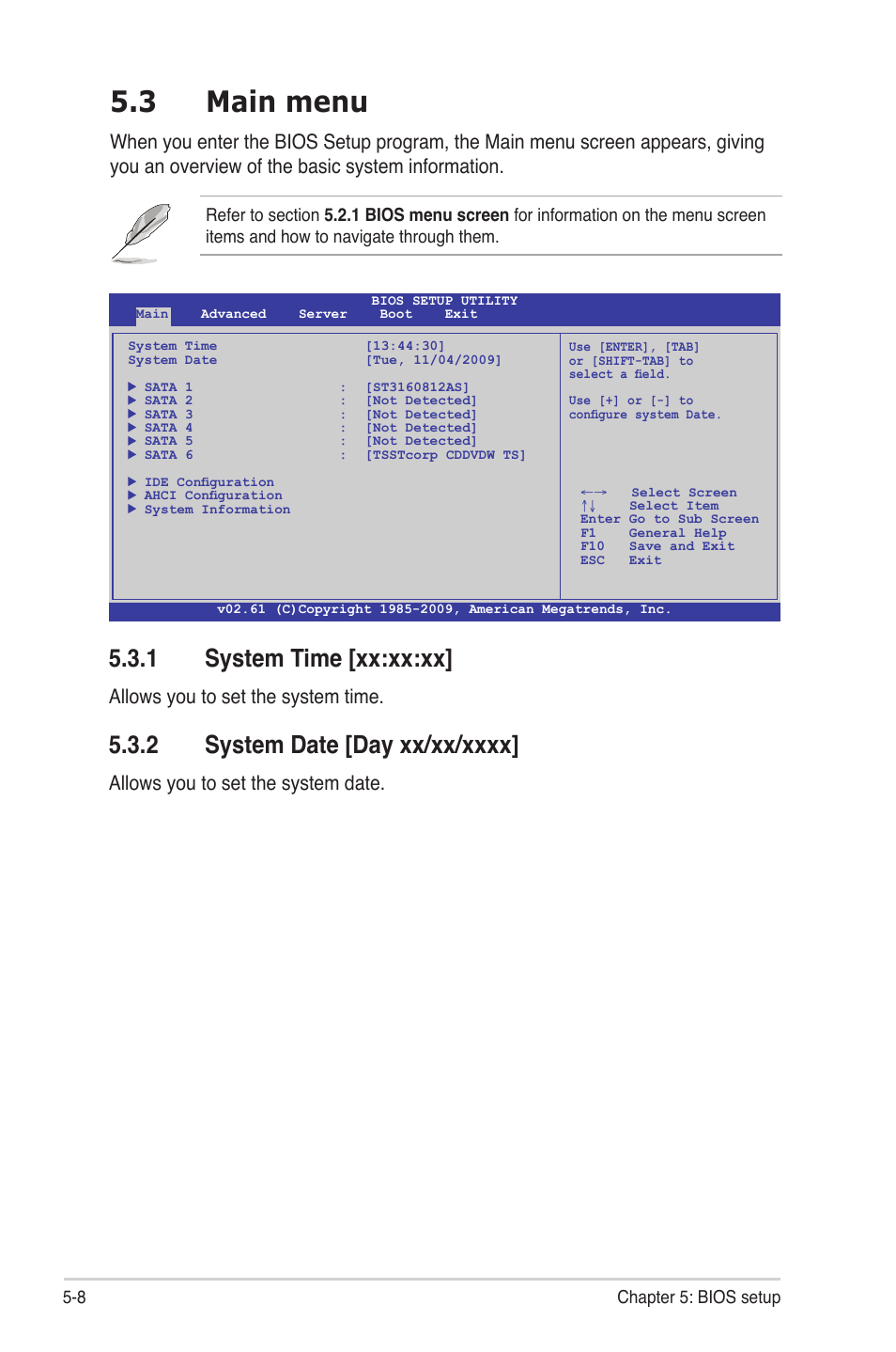 3 main menu, 1 system time [xx:xx:xx, 2 system date [day xx/xx/xxxx | Main menu -8 5.3.1, System time -8, System date -8, Allows you to set the system time, Allows you to set the system date | Asus RS720-E6/RS12 User Manual | Page 72 / 156