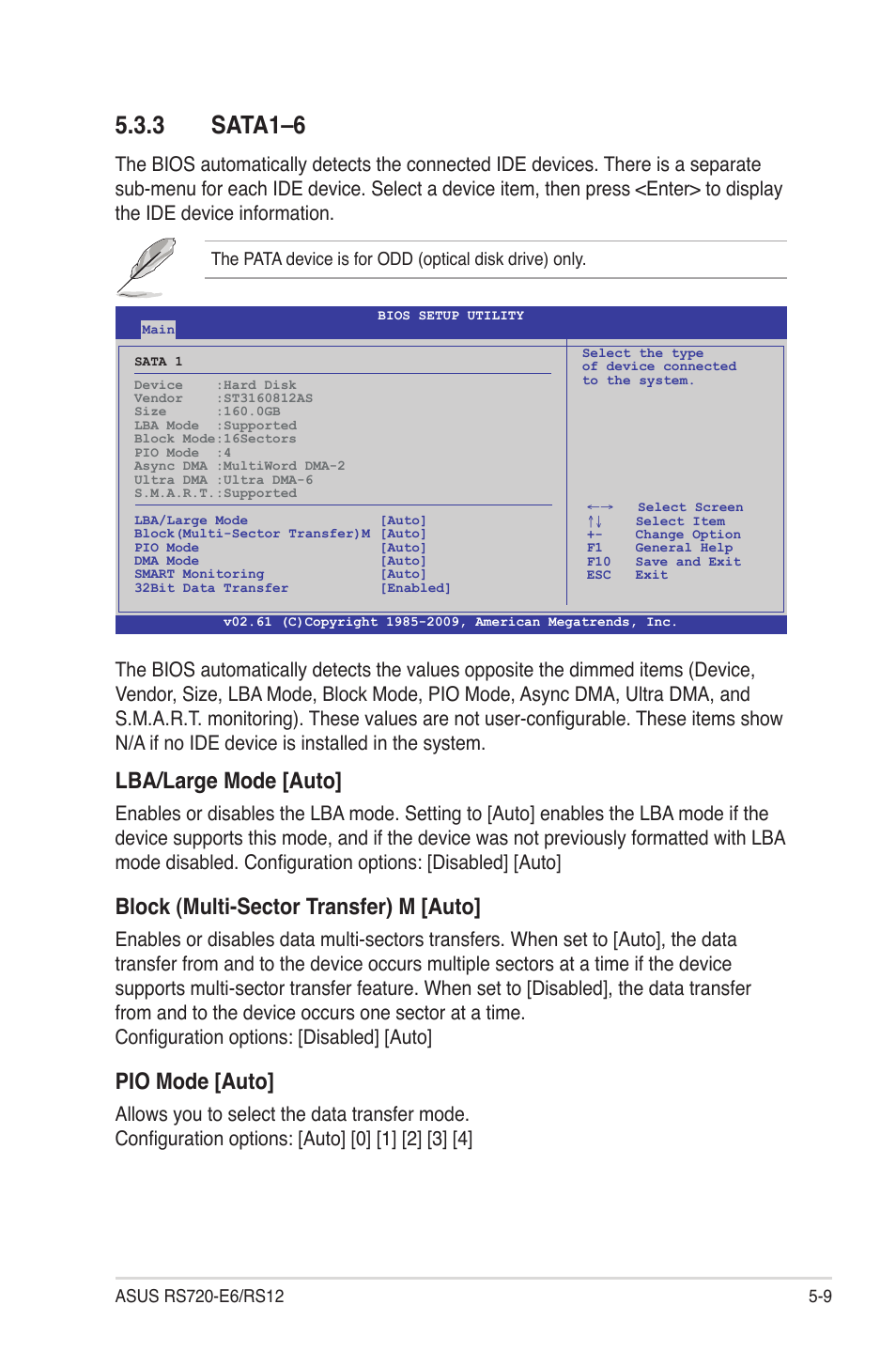 3 sata1–6, Sata1–6 -9, Lba/large mode [auto | Block (multi-sector transfer) m [auto, Pio mode [auto | Asus RS720-E6/RS12 User Manual | Page 73 / 156