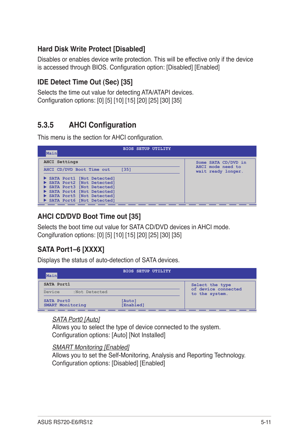 5 ahci configuration, Ahci configuration -11, Hard disk write protect [disabled | Ide detect time out (sec) [35, Ahci cd/dvd boot time out [35 | Asus RS720-E6/RS12 User Manual | Page 75 / 156