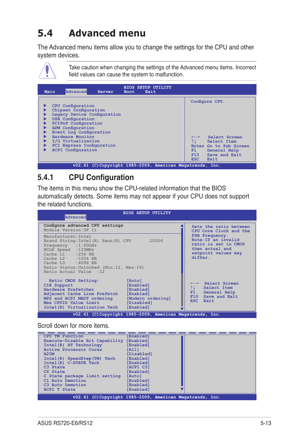 4 advanced menu, 1 cpu configuration, Advanced menu -13 5.4.1 | Cpu configuration -13, Scroll down for more items | Asus RS720-E6/RS12 User Manual | Page 77 / 156