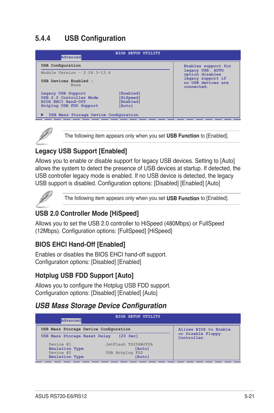 4 usb configuration, Usb configuration -21, Usb mass storage device configuration | Legacy usb support [enabled, Usb 2.0 controller mode [hispeed, Bios ehci hand-off [enabled, Hotplug usb fdd support [auto | Asus RS720-E6/RS12 User Manual | Page 85 / 156