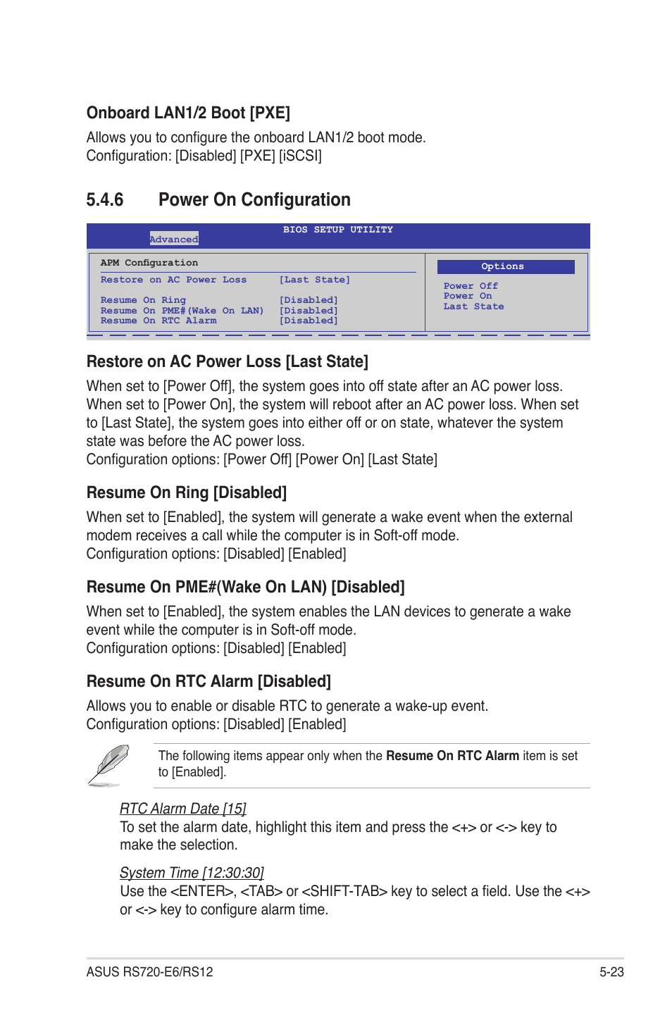 6 power on configuration, Power on configuration -23, Onboard lan1/2 boot [pxe | Restore on ac power loss [last state, Resume on ring [disabled, Resume on pme#(wake on lan) [disabled, Resume on rtc alarm [disabled | Asus RS720-E6/RS12 User Manual | Page 87 / 156